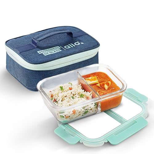 Allo FoodSafe Compartment Glass Lunch Box with Break Free Lock, Oven & Microwave Safe, Borosilicate Glass Container with Partition Divider, Office Tiffin with Denim Blue Bag, 1000ml, Rectangle - Image 1