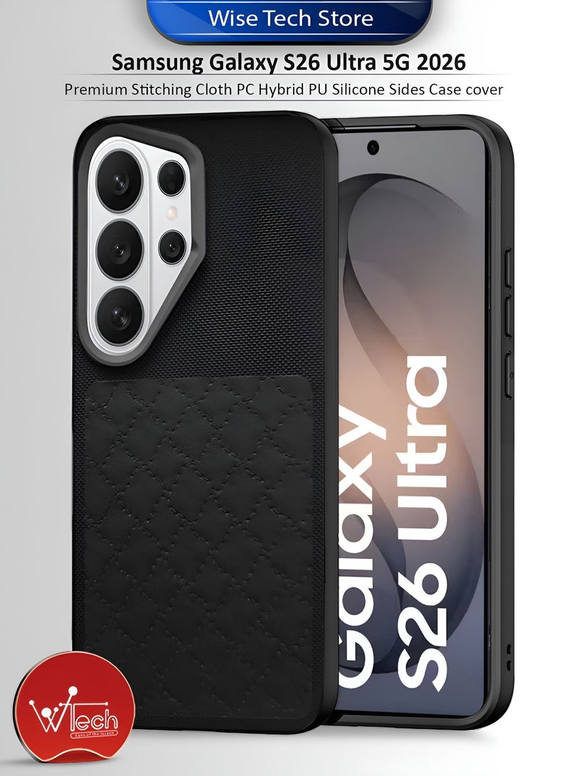 غطاء حقيبة لسامسونج جالاكسي S26 ألترا 5G 2026 بتصميم خياطة فاخرة، مصنوع من قماش، بولي كربونات، هجين، وجوانب من السيليكون PU (MCRPSN) - أسود