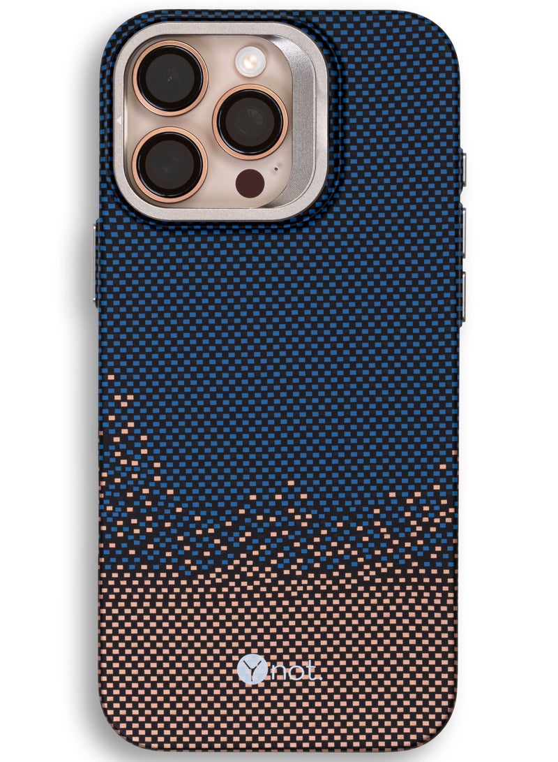 YNOT MagSafe Carbon Fiber Kevlar Protective Case with Camera Holder for iPhone 15 Pro - Blue speckled brown - Image 1