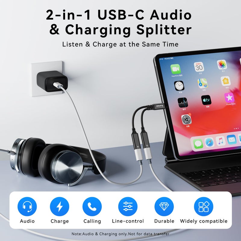Xumee USB C Splitter 1 in 2 Out, Dual USB-C Headphones & Charging Adapter, Type C Audio Dongle Cable with Built-in DAC & 60W Fast Charging for iPhone 17/16/15 Series,Galaxy S25/S24,Pixel 10 (Black) - Image 2