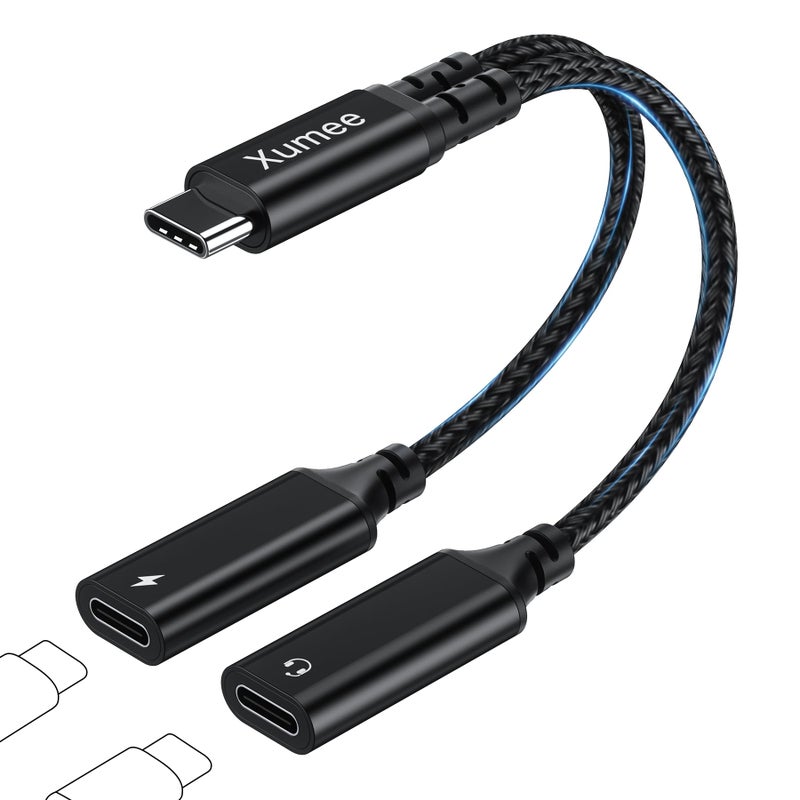 Xumee USB C Splitter 1 in 2 Out, Dual USB-C Headphones & Charging Adapter, Type C Audio Dongle Cable with Built-in DAC & 60W Fast Charging for iPhone 17/16/15 Series,Galaxy S25/S24,Pixel 10 (Black) - Image 1