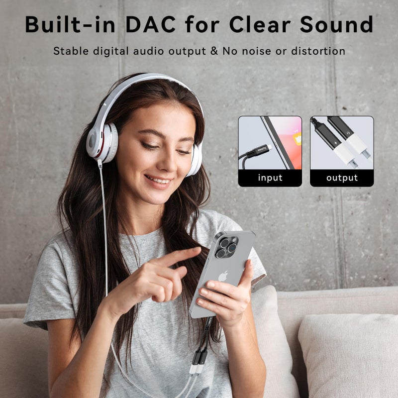 Xumee USB C Splitter 1 in 2 Out, Dual USB-C Headphones & Charging Adapter, Type C Audio Dongle Cable with Built-in DAC & 60W Fast Charging for iPhone 17/16/15 Series,Galaxy S25/S24,Pixel 10 (Black) - Image 3