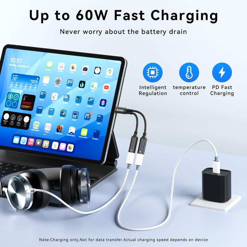 Xumee USB C Splitter 1 in 2 Out, Dual USB-C Headphones & Charging Adapter, Type C Audio Dongle Cable with Built-in DAC & 60W Fast Charging for iPhone 17/16/15 Series,Galaxy S25/S24,Pixel 10 (Black) - Image 4