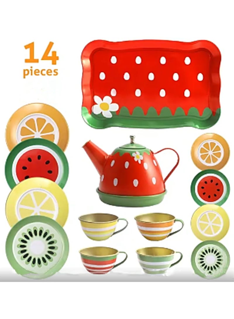 14-Piece Fruit Collection, Tea Set For Little Girls, Safe And Durable Kids Toys, Children'S Gifts, Teapot Tableware Kitchen Role Play Tin Tea Party - Image 1