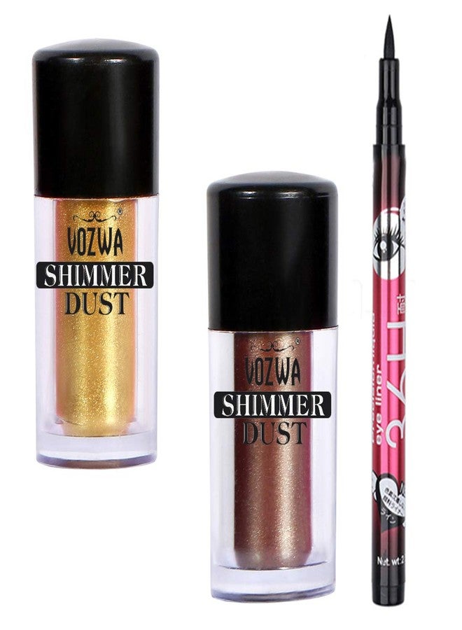 Vozwa Shimmer Pigment Eyeshadow Dust (Golden + Coffee) with Black Eyeliner - Image 1