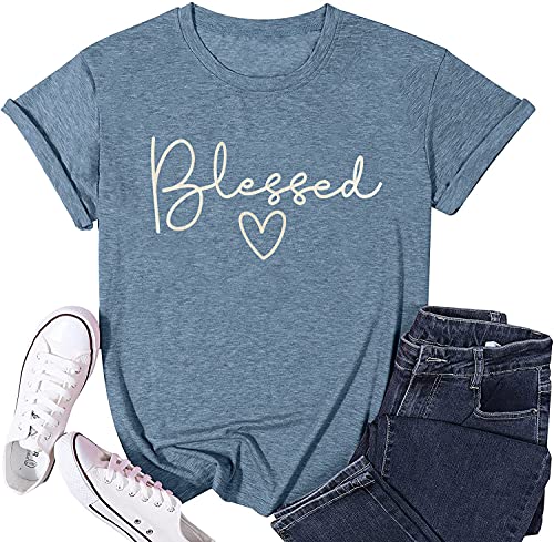 Bealatt Blessed T-Shirt for Women Cute Simple Sayings Heart Graphic Letter Print Shirts Casual Short Sleeve Thankful Tee Tops-Blue S - Image 1