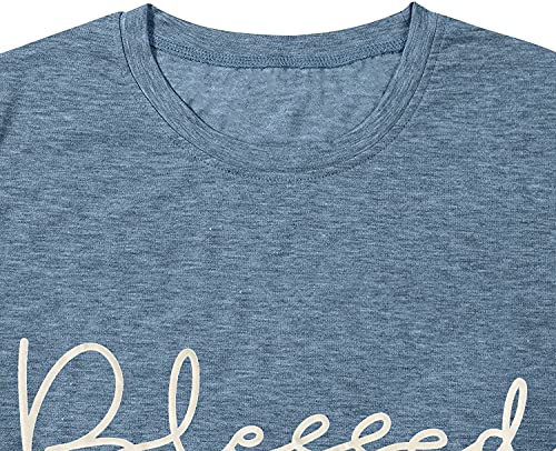 Bealatt Blessed T-Shirt for Women Cute Simple Sayings Heart Graphic Letter Print Shirts Casual Short Sleeve Thankful Tee Tops-Blue S - Image 3
