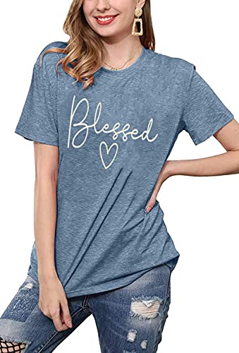 Bealatt Blessed T-Shirt for Women Cute Simple Sayings Heart Graphic Letter Print Shirts Casual Short Sleeve Thankful Tee Tops-Blue S - Image 2