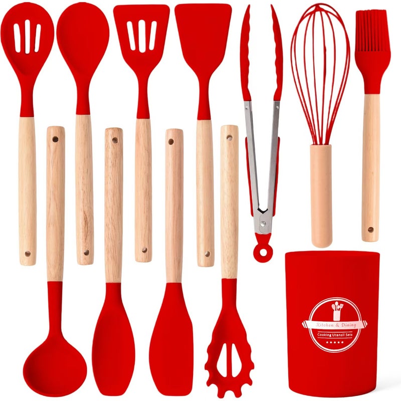 Cross-border wholesale wooden handle silicone kitchenware 12 pieces suit household high temperature resistant cooking silicone spatula soup spoon suit Bright red