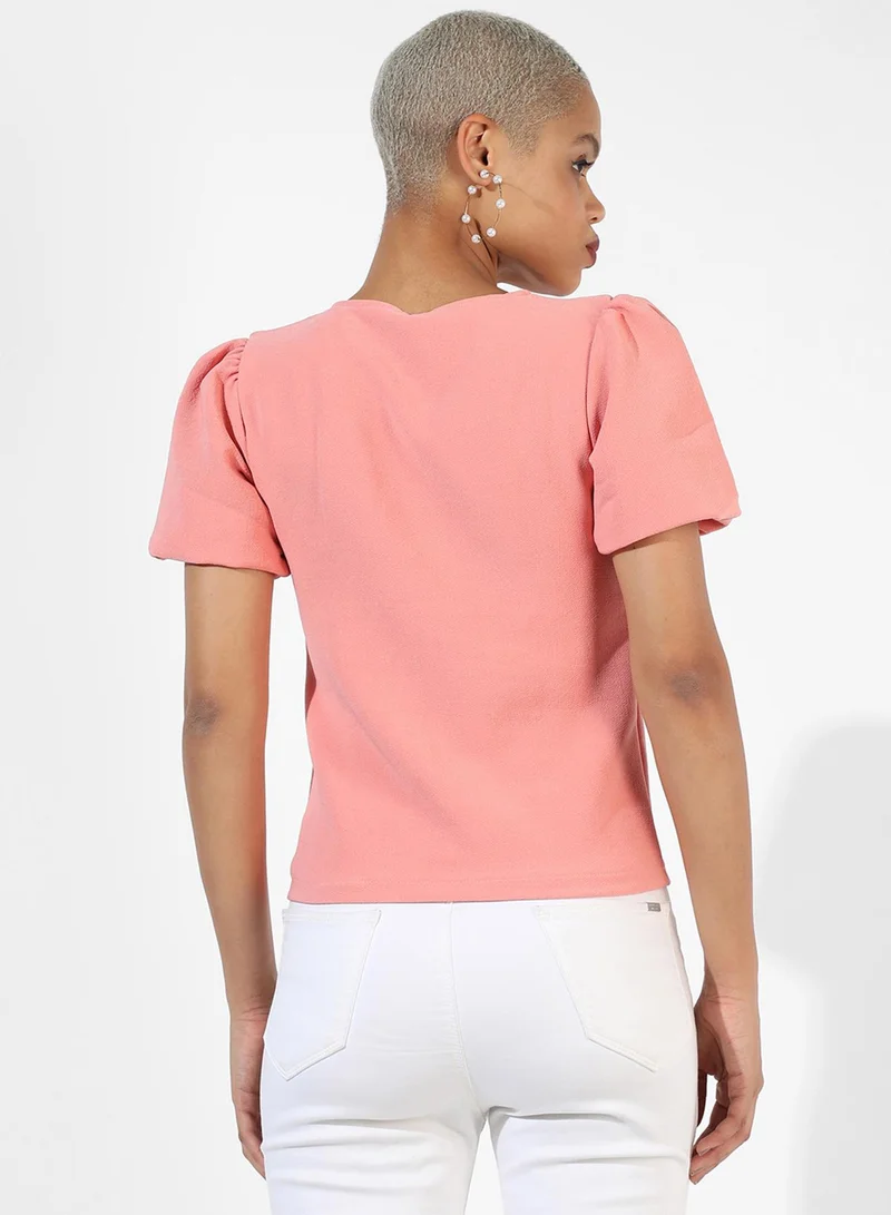 بينيا كولادا PINACOLADA Women's Pink Solid Regular Fit Top For Casual Wear | V Neck | Short Sleeve | Top Crafted With Regular Sleeve, Comfort Fit & High-Performance For Everyday Wear