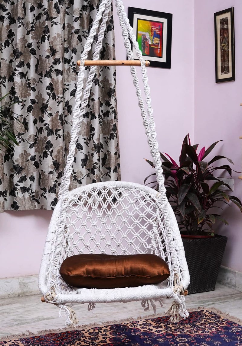 Patiofy Adult Swing - D Shape Cotton Hammock with Brown Cushion & Wooden Bar (White) - Image 1