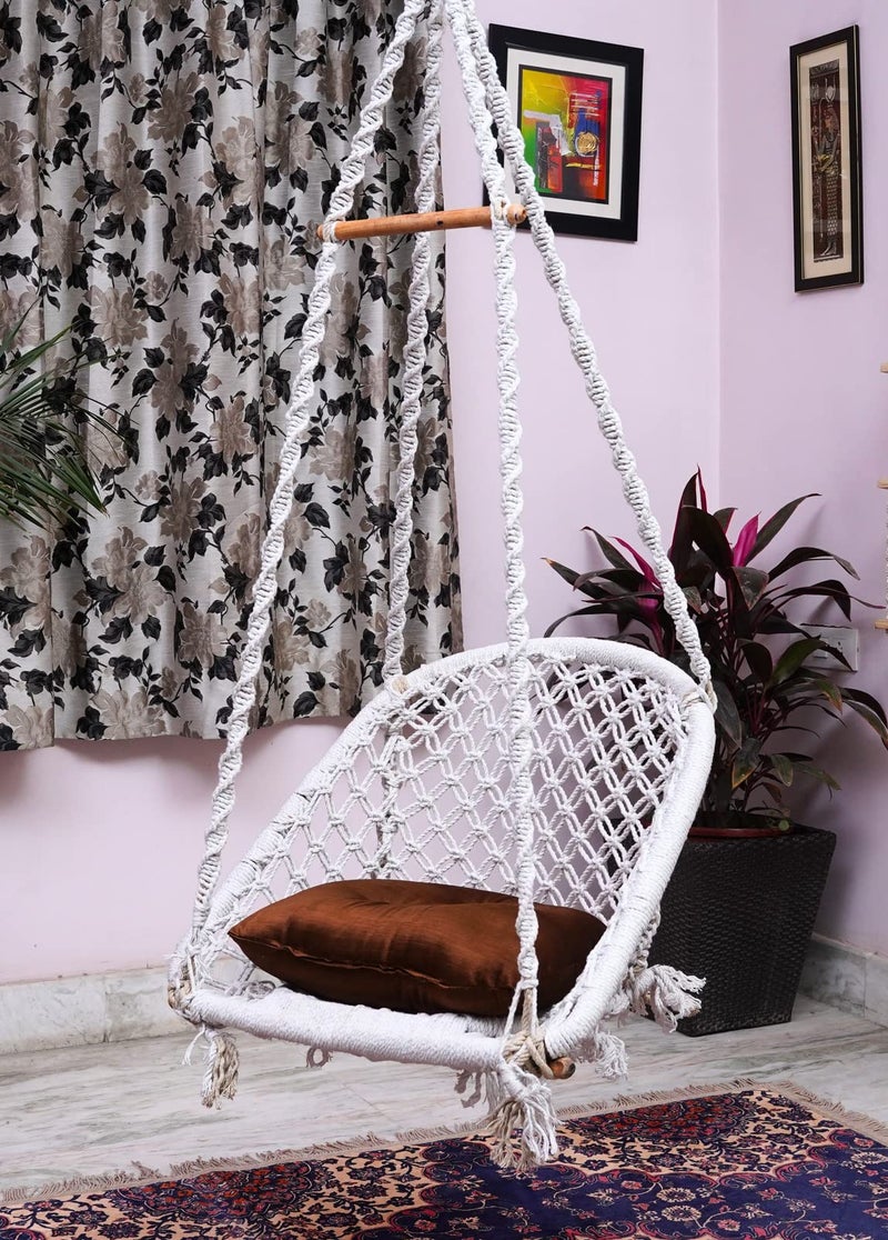 Patiofy Adult Swing - D Shape Cotton Hammock with Brown Cushion & Wooden Bar (White) - Image 3