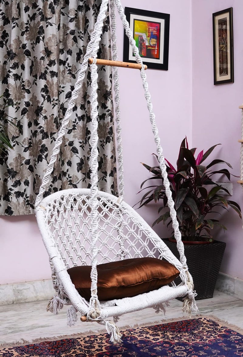 Patiofy Adult Swing - D Shape Cotton Hammock with Brown Cushion & Wooden Bar (White) - Image 2