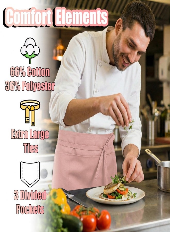 TOSHE Waist Apron with 3 Pockets Waterdrop Resistant Premium Cotton Waitress Apron 10 Color Option Server Apron (1, Powder Pink) - Image 3