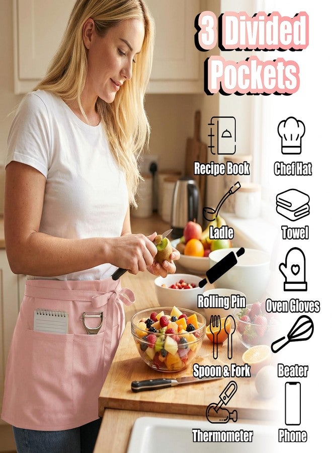TOSHE Waist Apron with 3 Pockets Waterdrop Resistant Premium Cotton Waitress Apron 10 Color Option Server Apron (1, Powder Pink) - Image 2