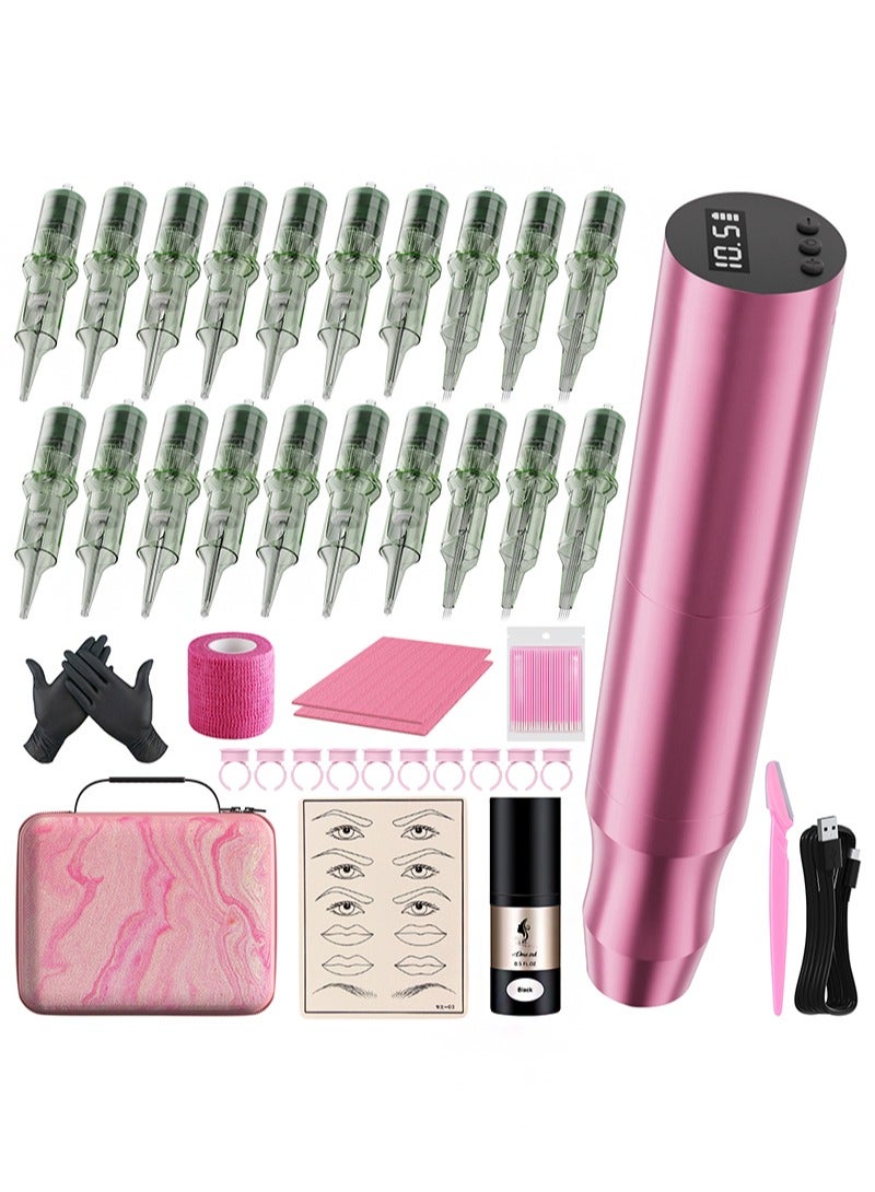 هالونهي مجموعة أقلام وشم الحواجب اللاسلكية، آلة مكياج الوشم، قلم تحديد الحواجب والشفاه، قلم دوار لمكياج التجميل لتحديد العيون والحواجب والشفاه (وردي) - Image 1