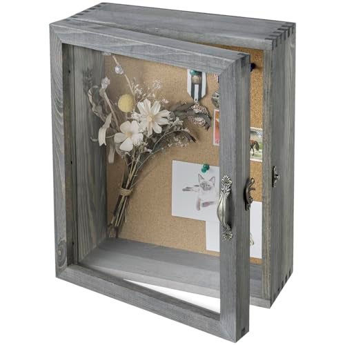 MyGift 11x14 Vintage Gray Solid Wood Deep Shadow Box with Cork Board Backing Wall Mounted Display Case with Clear Acrylic Front Window Panel Metal Handle - Image 1