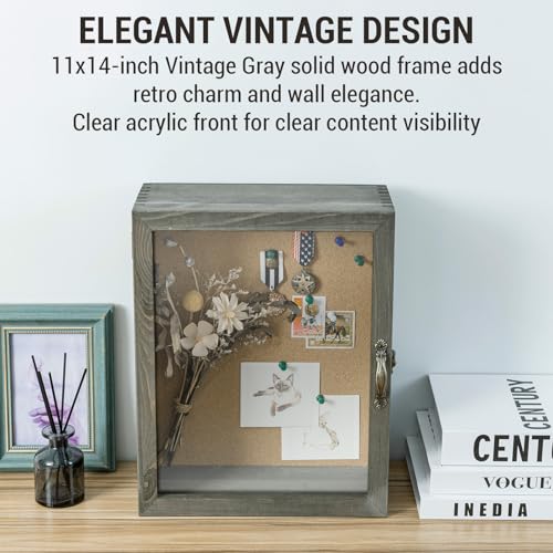 MyGift 11x14 Vintage Gray Solid Wood Deep Shadow Box with Cork Board Backing Wall Mounted Display Case with Clear Acrylic Front Window Panel Metal Handle - Image 3