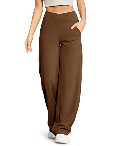 G4Free Yoga Pants for Women with Pockets Wide Leg Dress Pants with Pockets High Cross Waist Stretch Palazzo Pants Straight LegDark CoffeeM31 - Image 1