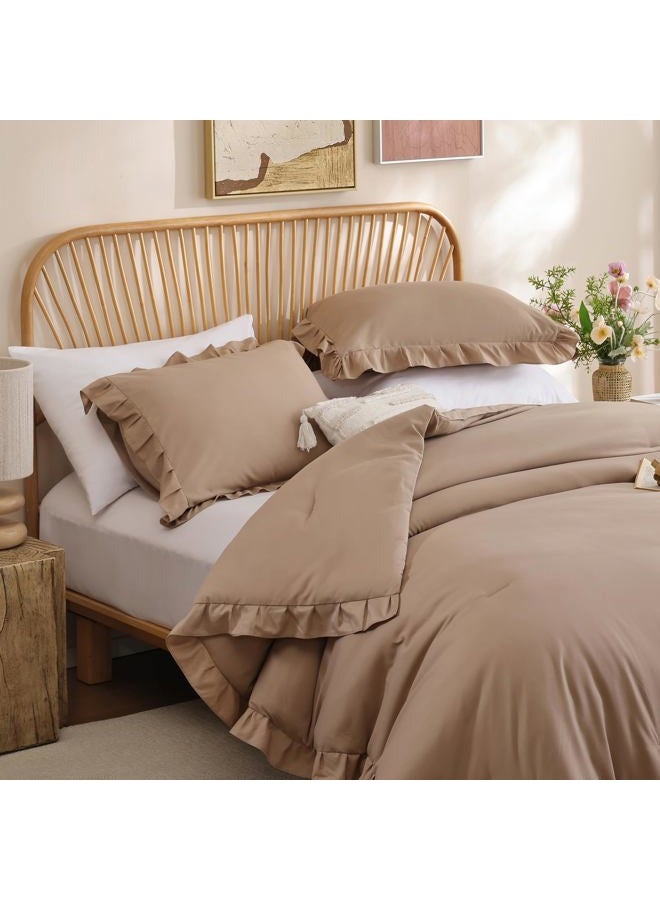 JANZAA Queen Comforter Set Ruffled Comforter Set 3PCS（1 Taupe Comforter Set and 2 Pillowcases） Vintage Farmhouse Shabby Chic Bedding Soft Fluffy Comforter Set All Season - Image 3