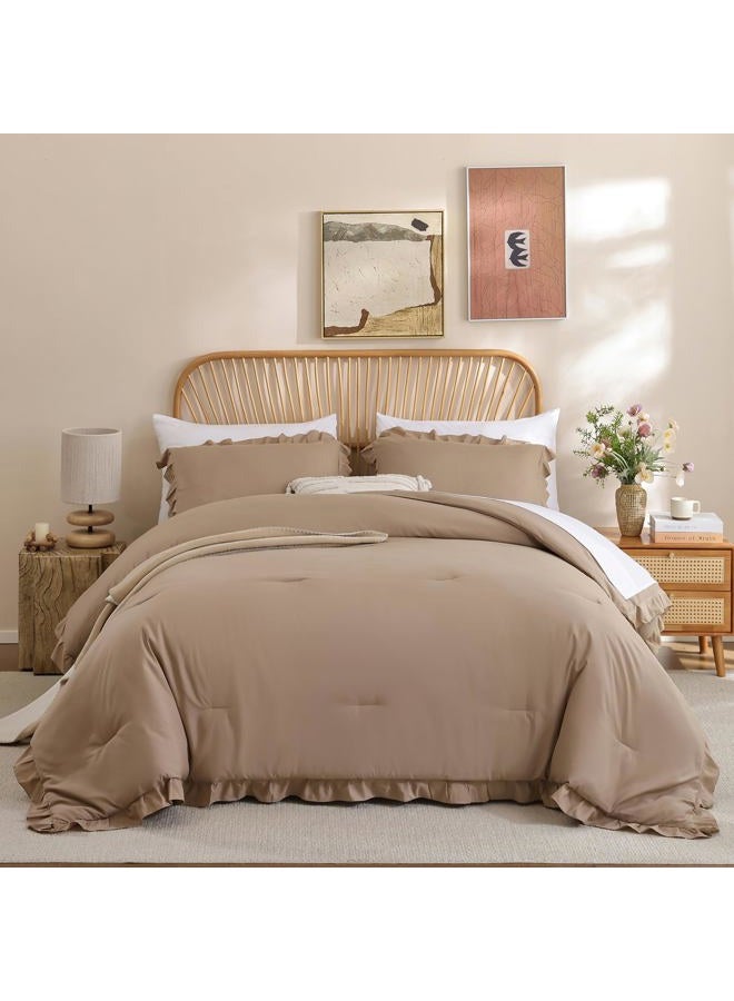 JANZAA Queen Comforter Set Ruffled Comforter Set 3PCS（1 Taupe Comforter Set and 2 Pillowcases） Vintage Farmhouse Shabby Chic Bedding Soft Fluffy Comforter Set All Season - Image 4