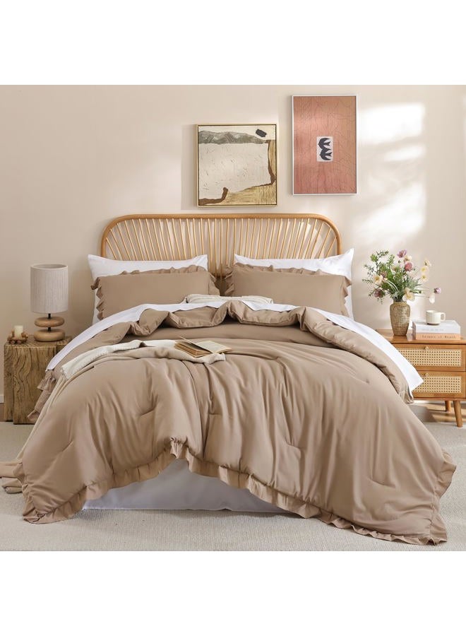 JANZAA Queen Comforter Set Ruffled Comforter Set 3PCS（1 Taupe Comforter Set and 2 Pillowcases） Vintage Farmhouse Shabby Chic Bedding Soft Fluffy Comforter Set All Season - Image 1