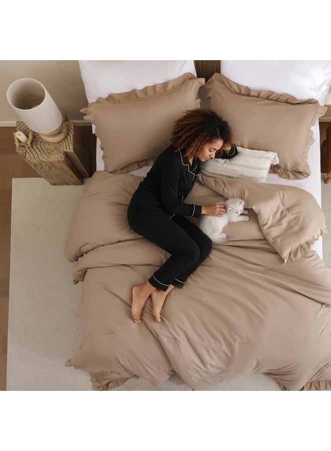 JANZAA Queen Comforter Set Ruffled Comforter Set 3PCS（1 Taupe Comforter Set and 2 Pillowcases） Vintage Farmhouse Shabby Chic Bedding Soft Fluffy Comforter Set All Season - Image 2