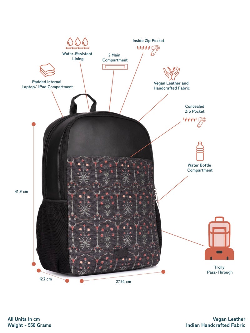 ZOUK Taj Guldasta Floral Printed 12 Litre Vegan Leather Black Unisex Organized Storage Padded Laptop And Tablet Compartment,Padded Adjustable Shoulder Straps Backpack - Image 4