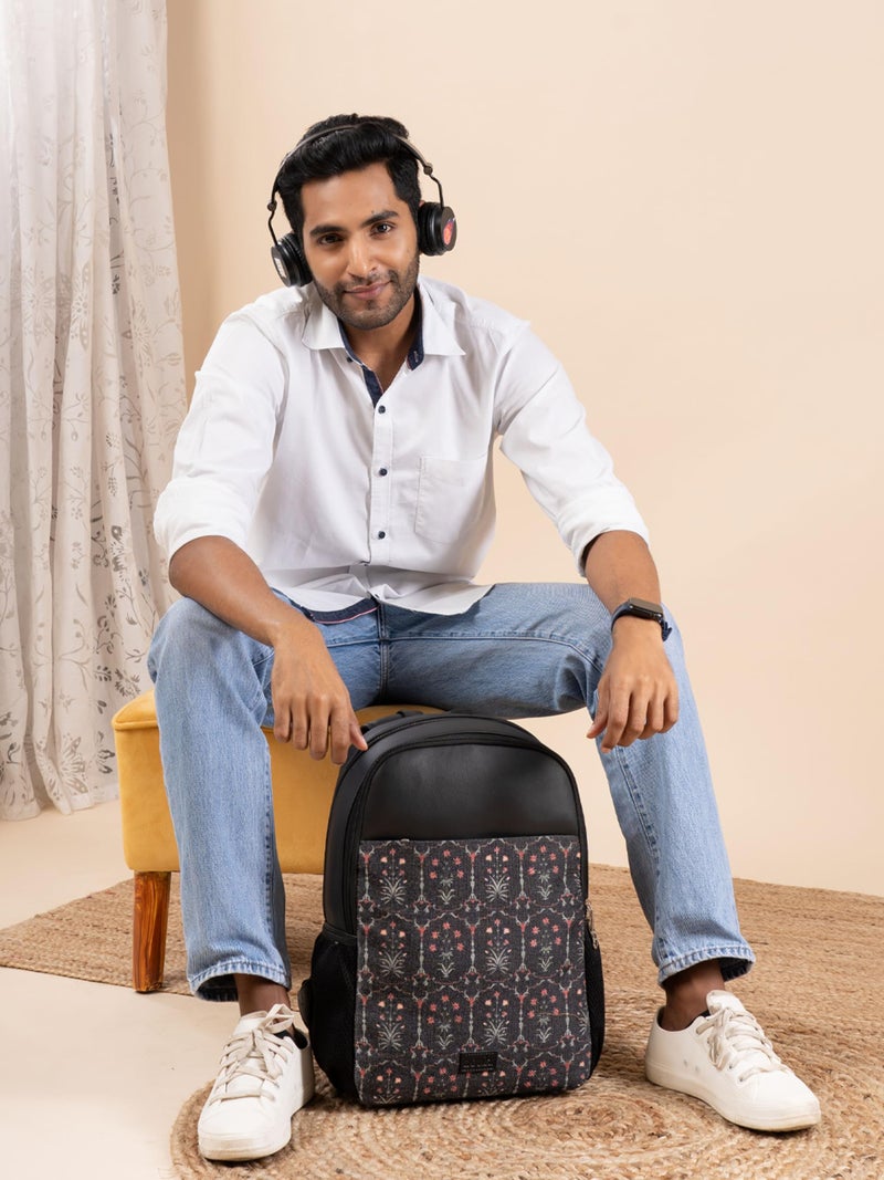ZOUK Taj Guldasta Floral Printed 12 Litre Vegan Leather Black Unisex Organized Storage Padded Laptop And Tablet Compartment,Padded Adjustable Shoulder Straps Backpack - Image 2