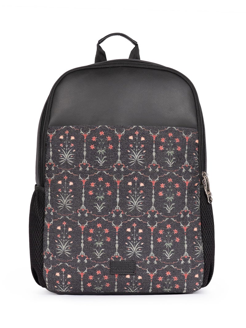 ZOUK Taj Guldasta Floral Printed 12 Litre Vegan Leather Black Unisex Organized Storage Padded Laptop And Tablet Compartment,Padded Adjustable Shoulder Straps Backpack - Image 1