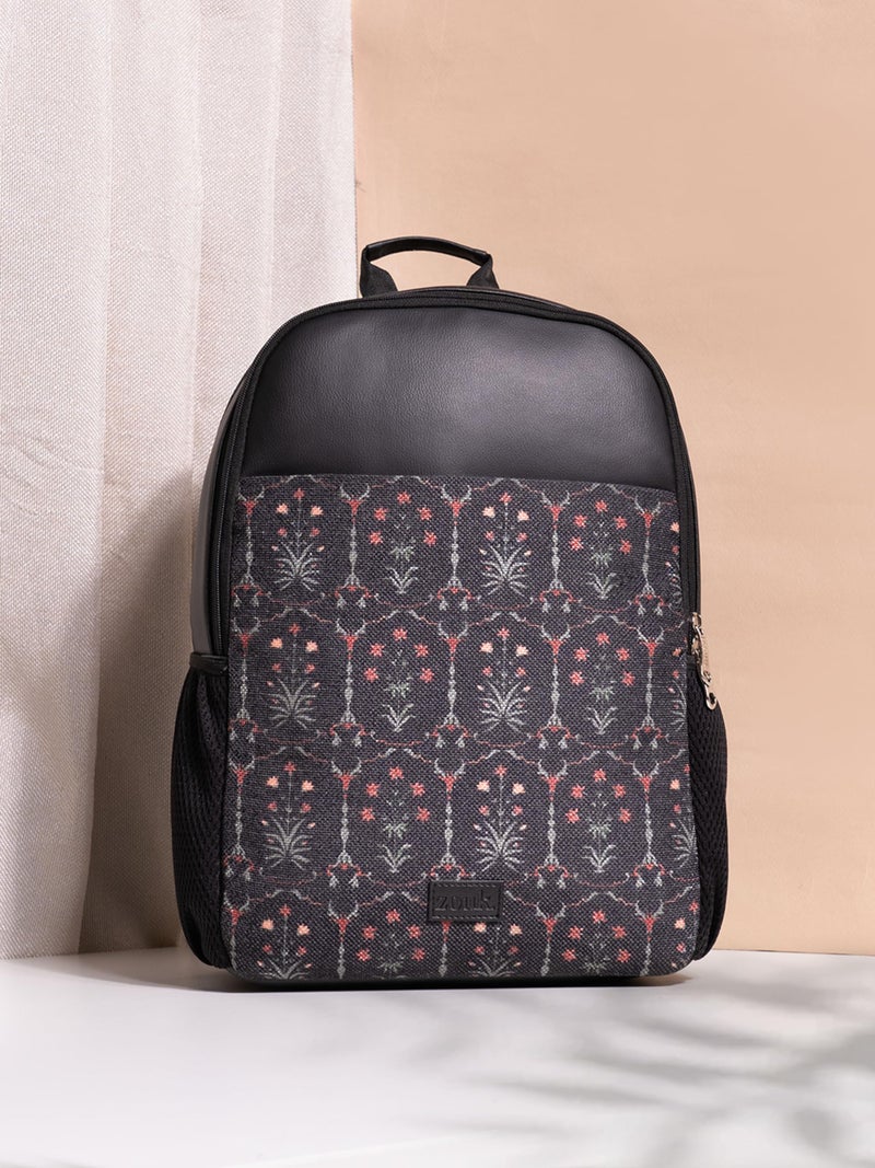 ZOUK Taj Guldasta Floral Printed 12 Litre Vegan Leather Black Unisex Organized Storage Padded Laptop And Tablet Compartment,Padded Adjustable Shoulder Straps Backpack - Image 3