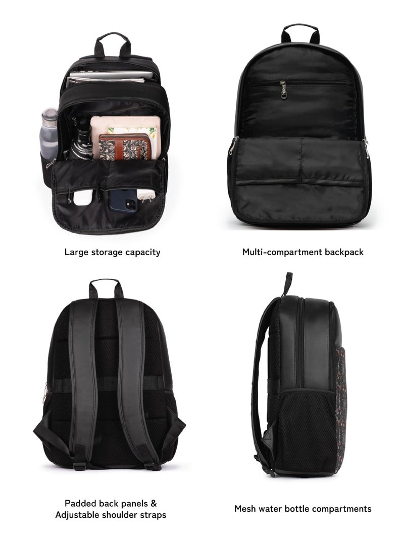 ZOUK Taj Guldasta Floral Printed 12 Litre Vegan Leather Black Unisex Organized Storage Padded Laptop And Tablet Compartment,Padded Adjustable Shoulder Straps Backpack - Image 5