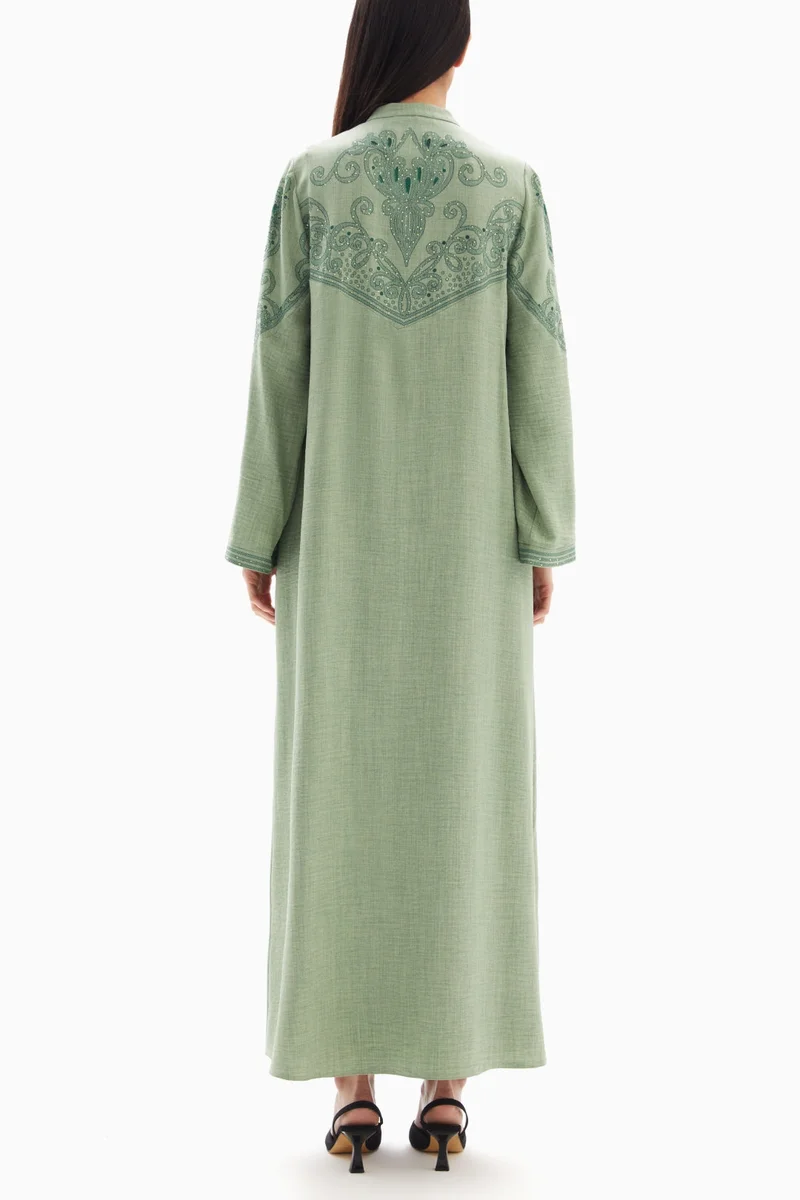 Wecre8 Sage Green Delicate Embroidered Abaya By WECRE8