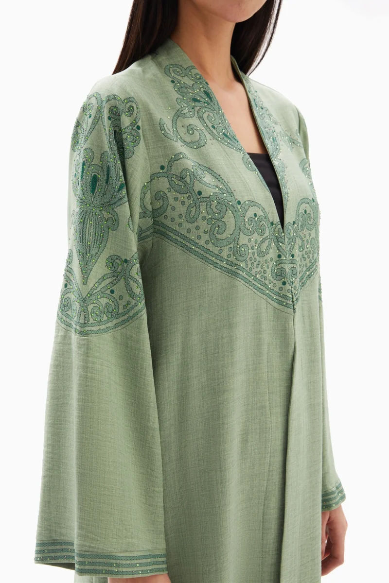 Wecre8 Sage Green Delicate Embroidered Abaya By WECRE8