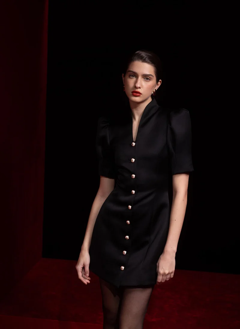 Lichi Smooth fabric mini dress with voluminous sleeves