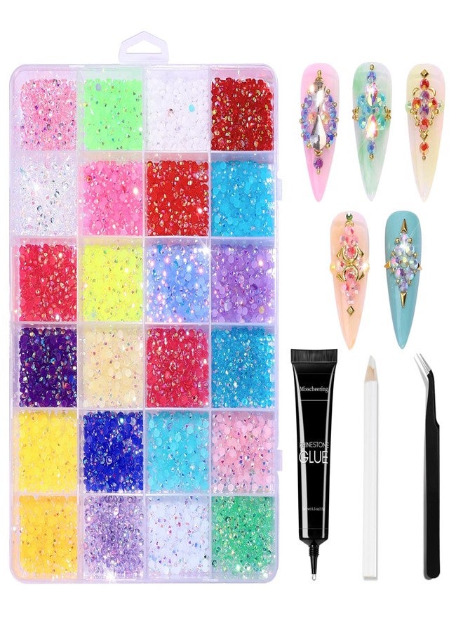 MAJOR DIJIT 24 Color Flatback Nail Gems Rhinestones for Nail Art and Crafts with Glue Tweezers and Picking Pen for Nail Art Design DIY Crafts Accessories (24 Color Set 02) - Image 1