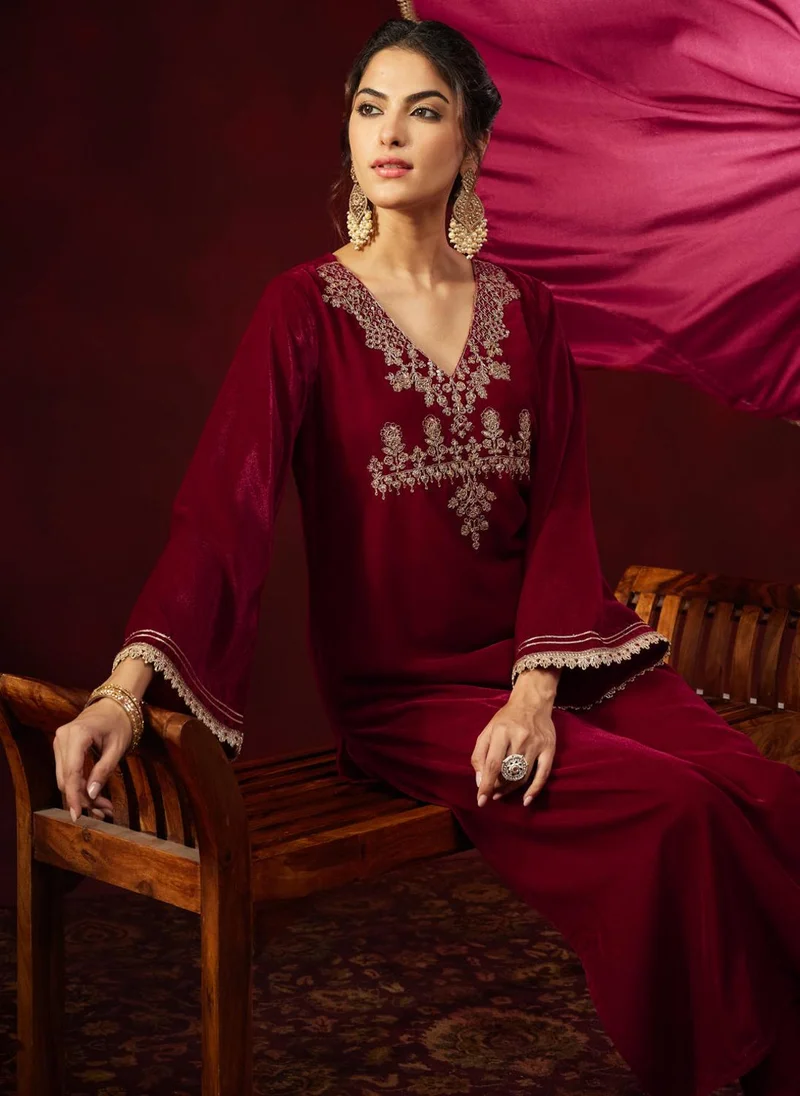 Red Velvet Embroidered 3-Piece Kurta Set