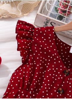 Generic Tween Girls Dress Red Polka Dot Button-Trim Wing Sleeve Knee-Length Dress Modest Summer Classic Elegant Style Kids Dress Party Ceremony Clothes  - Image 4