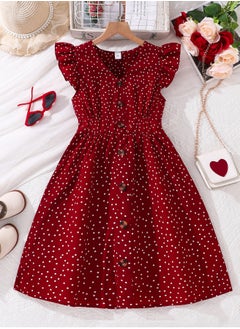 Generic Tween Girls Dress Red Polka Dot Button-Trim Wing Sleeve Knee-Length Dress Modest Summer Classic Elegant Style Kids Dress Party Ceremony Clothes  - Image 1