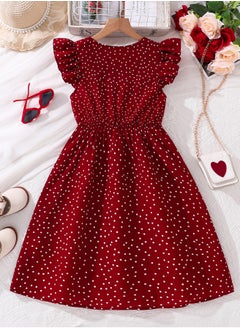 Generic Tween Girls Dress Red Polka Dot Button-Trim Wing Sleeve Knee-Length Dress Modest Summer Classic Elegant Style Kids Dress Party Ceremony Clothes  - Image 2