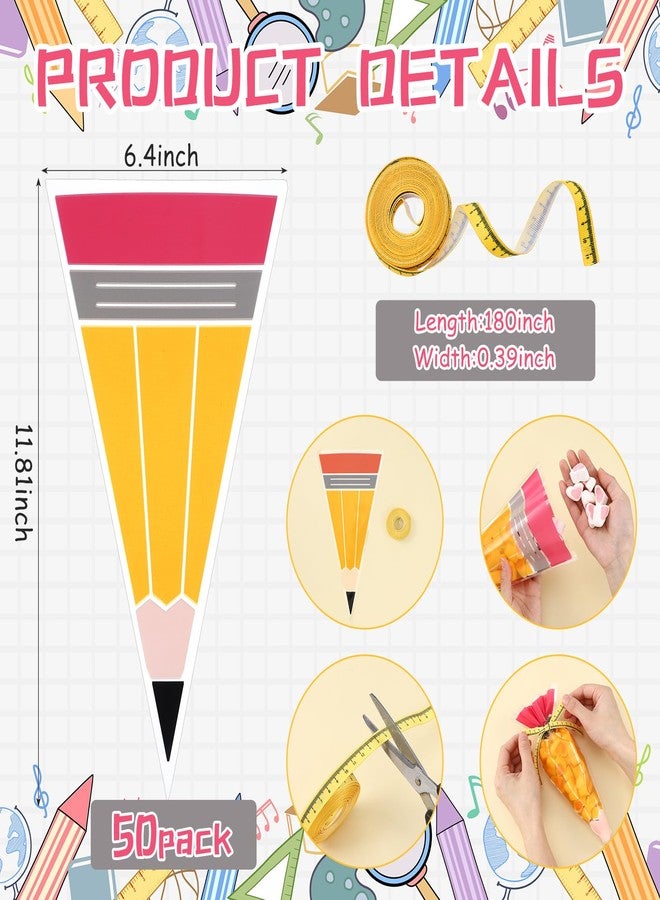 Yexiya 50 Pcs 5.12" x 9.84" Back to School Pencil Gift Bags Cone Popcorn Plastic Clear Treat Popcorn Candy Bags with Ribbon for Classroom Welcome First Day of School Teacher Appreciation Gift - Image 2