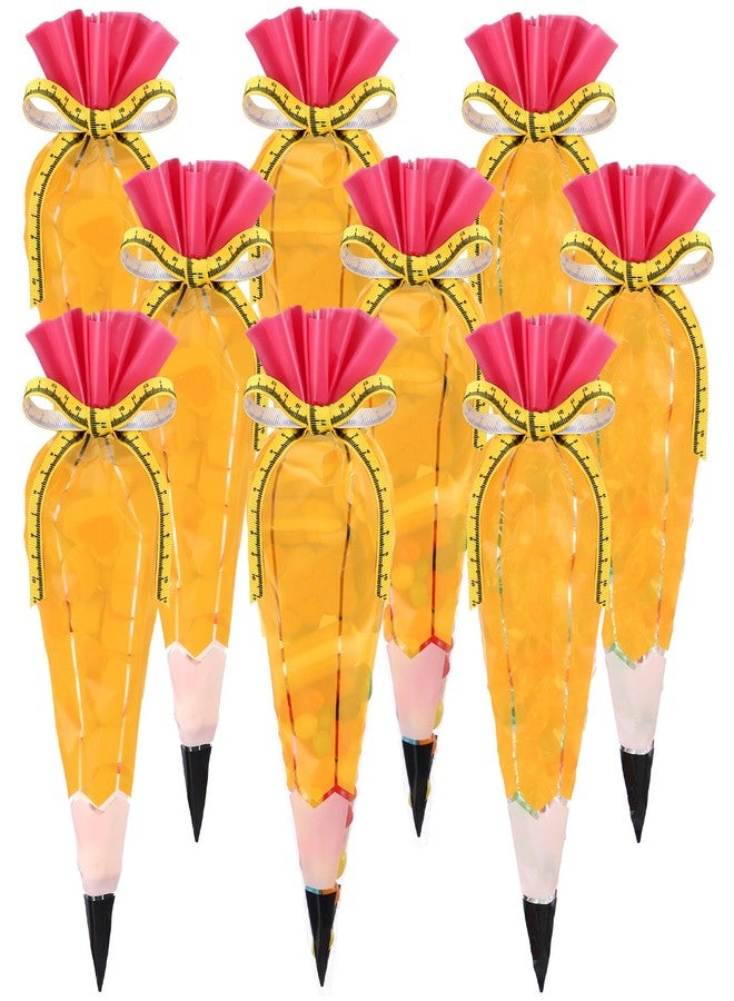 Yexiya 50 Pcs 5.12" x 9.84" Back to School Pencil Gift Bags Cone Popcorn Plastic Clear Treat Popcorn Candy Bags with Ribbon for Classroom Welcome First Day of School Teacher Appreciation Gift - Image 1