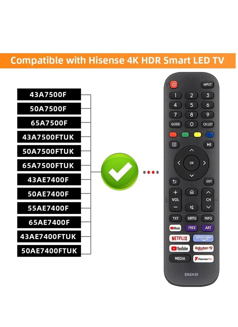 Generic - EN2A30 HT266544 Remote Control for Hisense VIDAA 4K HDR Smart LED TV 43A7300FTUK 50A7300F 50A7300FTUK 55A7300F 55A7300FTUK 65A7300FTUK 55AE7200F 55AE7400FTUK - Image 1