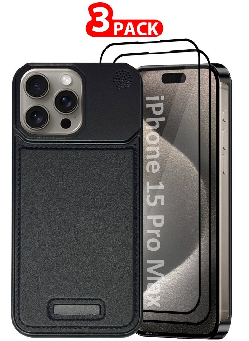 CATANES iPhone 15 Pro Max 3 Pack Case Leather Metal Design, Slim Lightweight Minimalist Cover,1 Case 2 Screen Protectors 