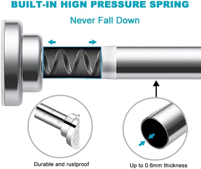 BLYPHOO Shower Curtain Rod: Tension Adjustable Non-Slip Curtain Rod– Never Rust 304 Stainless Steel, Bathroom Telescopic Tension Spring Curtain Pole – No Drilling Extendable Clothes Rail (105-170cm) - Image 2