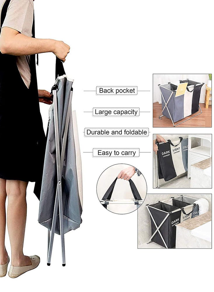 Perfii Three-Section Foldable Laundry Hamper Basket - Durable, Lightweight, and Horizontally Stable - Image 2