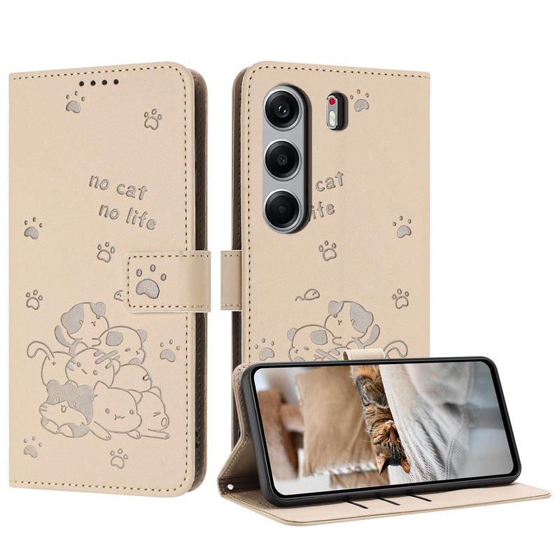 HuHa Case Cover For Tecno Camon 40 4G Embossed Kitten Phone Leather Case with Lanyard(Beige) - Image 1