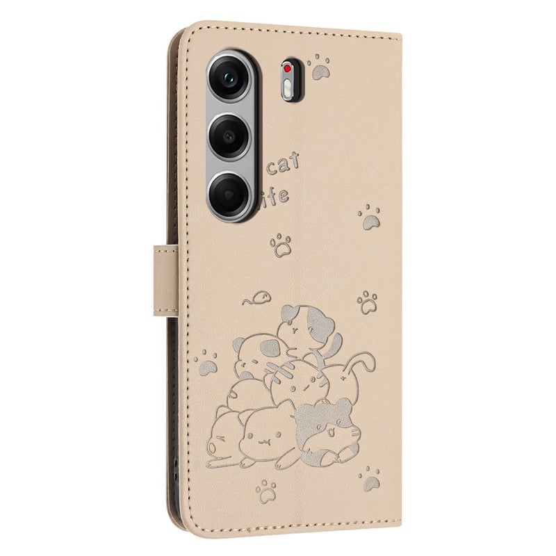 HuHa Case Cover For Tecno Camon 40 4G Embossed Kitten Phone Leather Case with Lanyard(Beige) - Image 3