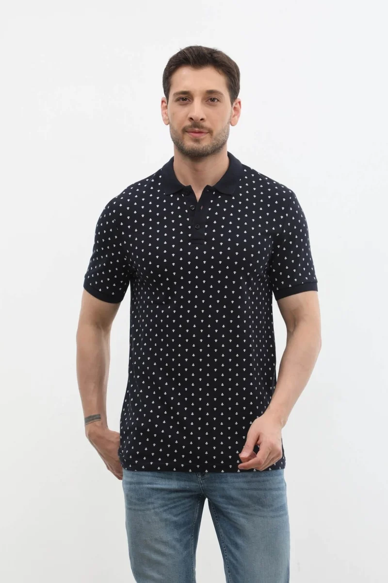 Markapia Man Men's Polo Collar Marine Patterned 100% Cotton T-Shirt