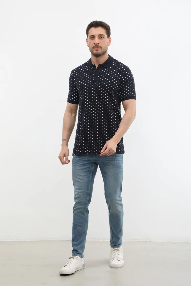 Markapia Man Men's Polo Collar Marine Patterned 100% Cotton T-Shirt